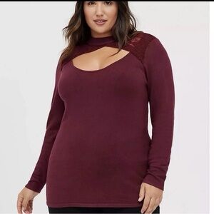 Torrid Sexy Maroon Red Sweater 3X lace keyhole New With Tags Romantic Feminine